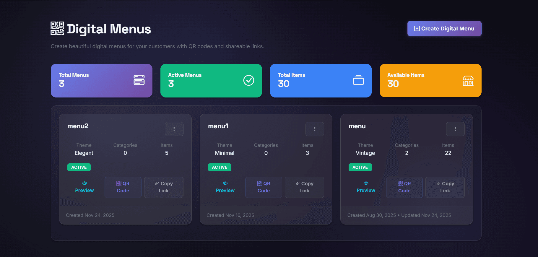 Digital Menu Management Dashboard